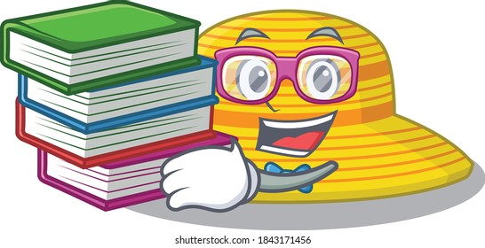 A diligent student in summer hat mascot design concept read many books