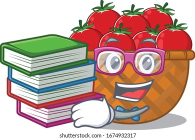 A diligent student in tomato basket mascot design with book