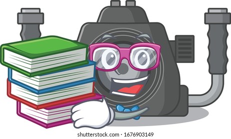Estudiante diligente en el diseño de mascotas con cámara submarina con libro