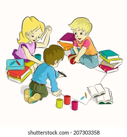 Diligent students doing their homework together. Cartoon vector