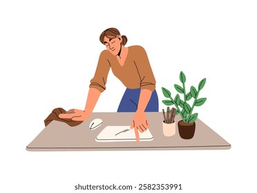 Diligent woman wipes dust with rag, duster on desk. Person care about clean of workplace, does wet cleaning at home. Housekeeping, housework. Flat isolated vector illustration on white background