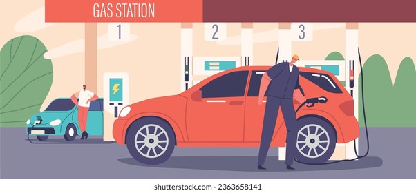 Diligent Worker Male Character Refuels A Car At The Gas Station, Efficiently Pumping Fuel Into The Vehicle Tank