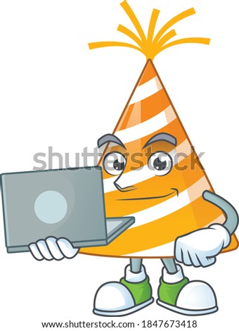 Diligent yellow party hat cartoon drawing concept working from home with laptop. Vector illustration