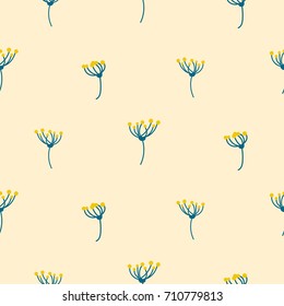 Dill crown flower abstract simple seamless vector pattern. Blue and yellow tiny field florals on light peach background texture.
