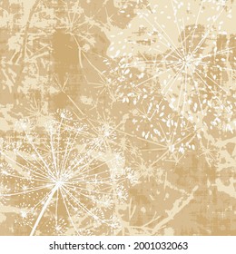 Dill flowers close-up texture. Stems diverging from the center. distressed grunge material. Crystal snow-flowers against the yellow. 