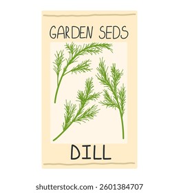 Dill garden seed package vector illustration. Greens dill leaves on a stem for salad image isolated on white background. Greenery packaging design for home agricultural farm
