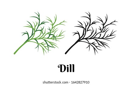 Dill greenery isolated on white background. Vector color illustration of  fragrant green herbs in cartoon flat style and black and white outline. Vegetable Icon.