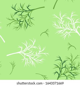 Dill herb seamless pattern. Vector cartoon color illustration of dill greenery on green background. White outline.