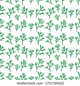 Dill leaves seamless pattern. Vector background green herbs. Flat hand drawn illustration healthy food, vegetables.