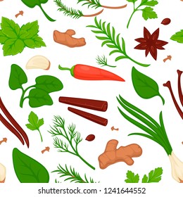 Dill and parsley, greenery and herbs seamless pattern vector.