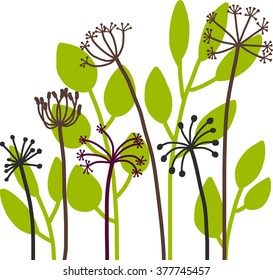 dill plants, natural cartoon composition with wild herbs, drawing floral card, hand drawn vector illustration