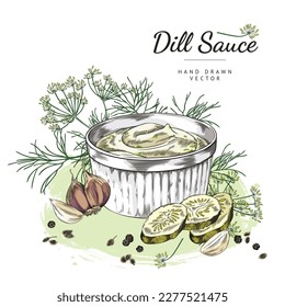 Dill sauce with garlic and slices of pickles, sketch vector illustration isolated on white background. Banner or badge template for dills products and food sauces.