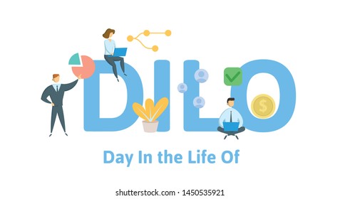 DILO, Day in the Life Of. Concept with people, letters and icons. Colored flat vector illustration. Isolated on white background.