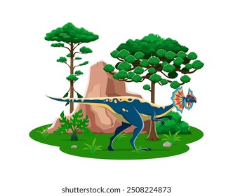 Dilophosaurus cartoon prehistoric dinosaur character at lush landscape with trees and rocks. Vector theropod dino from the Early Jurassic period, known for its distinctive double crest on its head