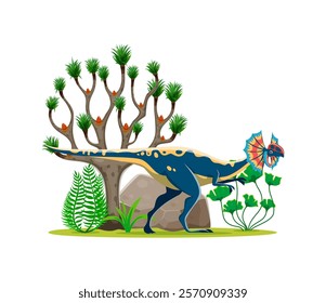 Dilophosaurus cartoon prehistoric dinosaur character. Isolated vector colorful carnivore dino at lush landscape with ferns, rock, tree and foliage. Ancient reptile animal at early Jurassic era scene