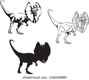 Dilofosauro, imagen realista de dinosaurios, vector, posiciones, ilustración, negro y blanco, silueta, logotipo, marca comercial, chevron para decoración y diseño, embalaje y carteles