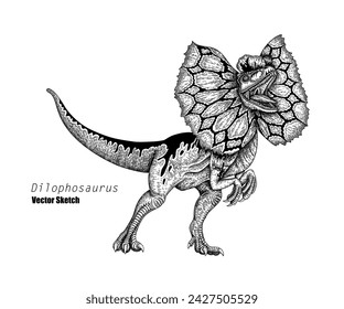 Dilophosaurus. Dinosaur sketch drawing. Black and white. Hand drawn vector art. line art