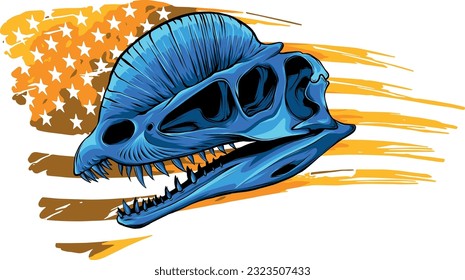 Dilophosaurus dinosaur skull fossil with american flag