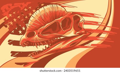 Dilophosaurus dinosaur skull fossil with american flag