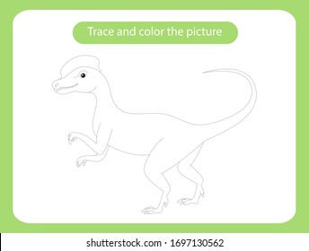 Dilophosaurus dinosaur. Trace and color the picture children s educational game. Handwriting and drawing practice. Dino theme activity for toddlers, kids. Vector illustration.