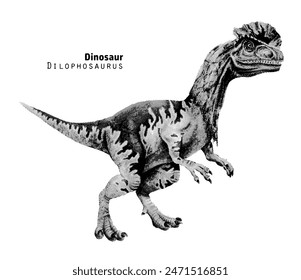 Dilophosaurus with frill illustration. Dinosaur with crest on head. Pointillism vector illustration. Black and white