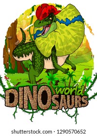 Dilophosaurus on the background of the forest. Vector logo. Dinosaur world