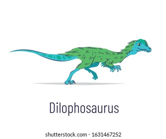 Dilophosaurus. Theropoda dinosaur. Colorful vector illustration of prehistoric creature dilophosaurus in hand drawn flat style isolated on white background. Predatory fossil dinosaur.