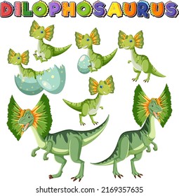 Logo de la palabra Dilophosaurus con el conjunto de dibujos animados de dinosaurios