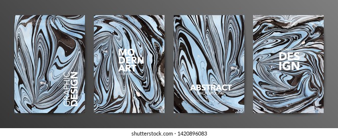 Dim color marbled paper vector banner set. Multicolor ebru stains backgrounds with copyspace. Decorative oriental art posters pack. Creative abstract wallpapers with fluid mixture effect