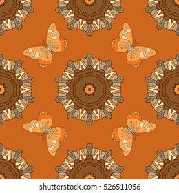 Dim orange background. Mandala. Light. Doodles. Butterfly. Vector illustration.