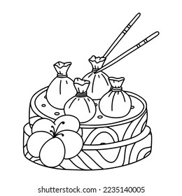 Dim Sam en estilo doodle dibujado a mano. Comida popular asiática. Incluido Bun y Dumpling.