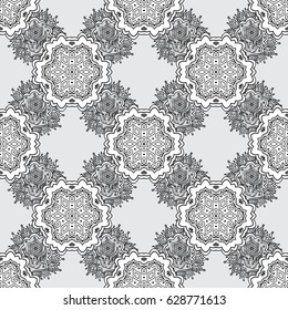 Dim seamless pattern on gray background with dim elements. Vector abstract background with repeating elements. Vector illustration. Seamless damask classic dim pattern.