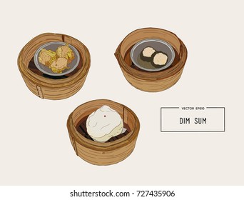 Dim sum in bamboo basket colorful illustration. Vector illustration of Chinese cuisine.