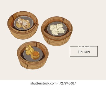 Dim sum in bamboo basket colorful illustration. Vector illustration of Chinese cuisine.