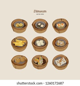 Dim sum in bamboo basket set. Vector illustration of Chinese cuisine.