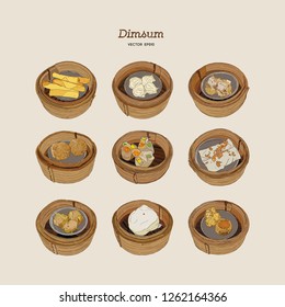 Dim sum in bamboo basket set. Vector illustration of Chinese cuisine.