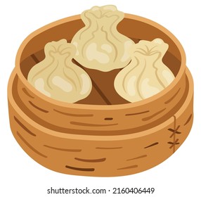 Dim sum en vapor de bambú. Ilustración vectorial dibujada a mano. Adecuado para sitios web, pegatinas, tarjetas de regalo.