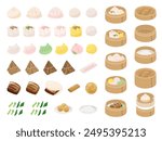 Dim sum and bamboo steamer illustration material set