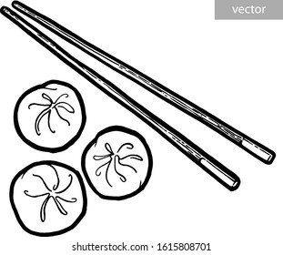 Dim sum. Black and white linear graphic. Ink hand drawing. Asian food. Chinese cuisine. Hand drawn illustration. Menu for cafe, restaurant, street festival, farmers market, poster, banner, sticker.