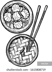 Dim sum. Black and white linear graphic. Ink hand drawing. Asian food. Chinese cuisine. Hand drawn illustration. Menu for cafe, restaurant, street festival, farmers market, poster, banner, sticker.
