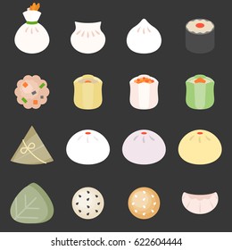 Dim sum cantonese food, such as bun, rice dumpling, sticky rice wrapped in lotus leaf, pork dumpling and beef ball, flat design icon