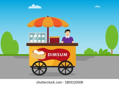 Dim sum cart vector concept: Happy Asian young man selling dim sum on the streets