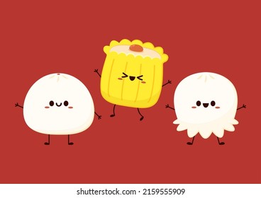 Dim sum character design. Chinese food cartoon vector. Bao or Steam bun. Siu Mai (Shumai) – Chinese steamed dumplings. Siu Mai is Chinese food