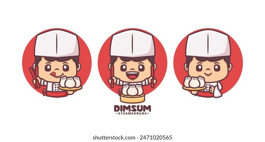 dim sum chef cartoon mascot, with different poses and expressions, vector illustration for culinary industry, logo, stickers, icon.