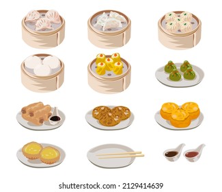 Dim sum, cocina china puesta. Ilustraciones vectoriales de la comida tradicional en China. Embutidos de camarón de caricatura, wonton, rollos de primavera fritos y bollos de cerdo aislados en blanco. concepto de menú de comidas chinas