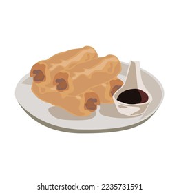 Dim sum, Chinese dishes. Vector illustration of traditional food in China. Cartoon wonton, fried spring rolls and pork bun isolated on white. Chinese meals menu concept