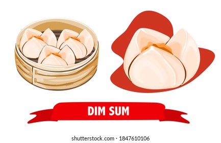 Dim sum, Chinese steamed bun in bamboo basket on white background. Close up realistic hand drawing vector illustration.