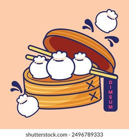 Dim sum, Chinese style food, flat and colorful illustration.