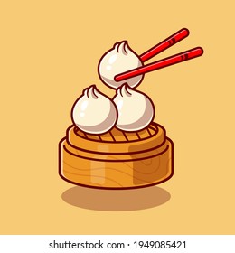 Dim Sum With Chopstick Cartoon Vector Icon Illustration. Food Object Icon Concept Isolated Premium Vector. Flat Cartoon Style