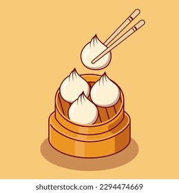 Dim Sum With Chopstick and holder Cartoon Vector. Food Object Icon Concept Isolated Premium Vector. Asian, chinese food menu.